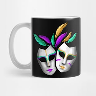Pair Of White Masks With Feathers For Mardi Gras Mug